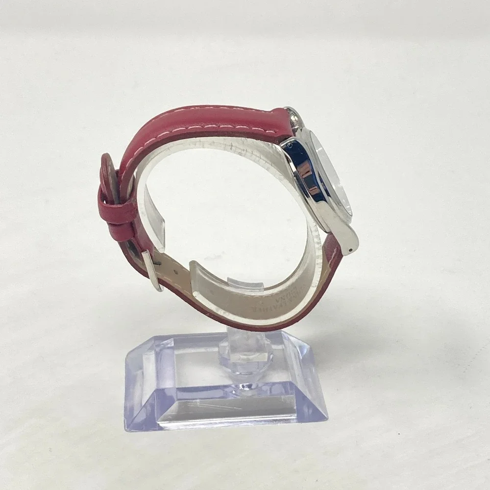 Sharp Womens Easy Reader Watch 29mm Silver Tone Date Red Leather 30M New Battery